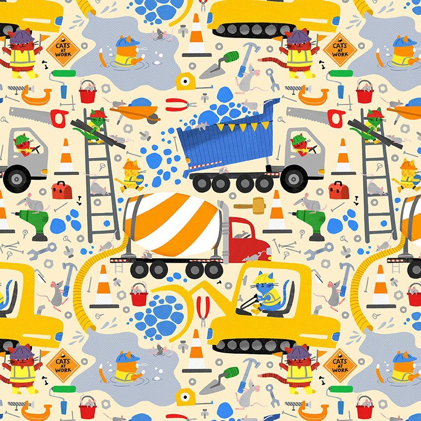 Cats At Work Digital Print Cream